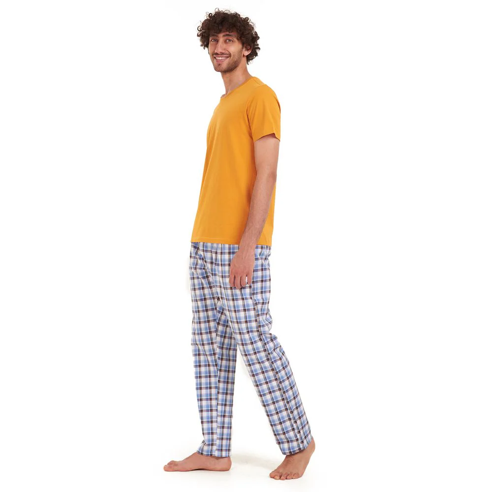 Men summer pajama set Mustard t-shirt + Dark blue x white checkered Pants - Image 3