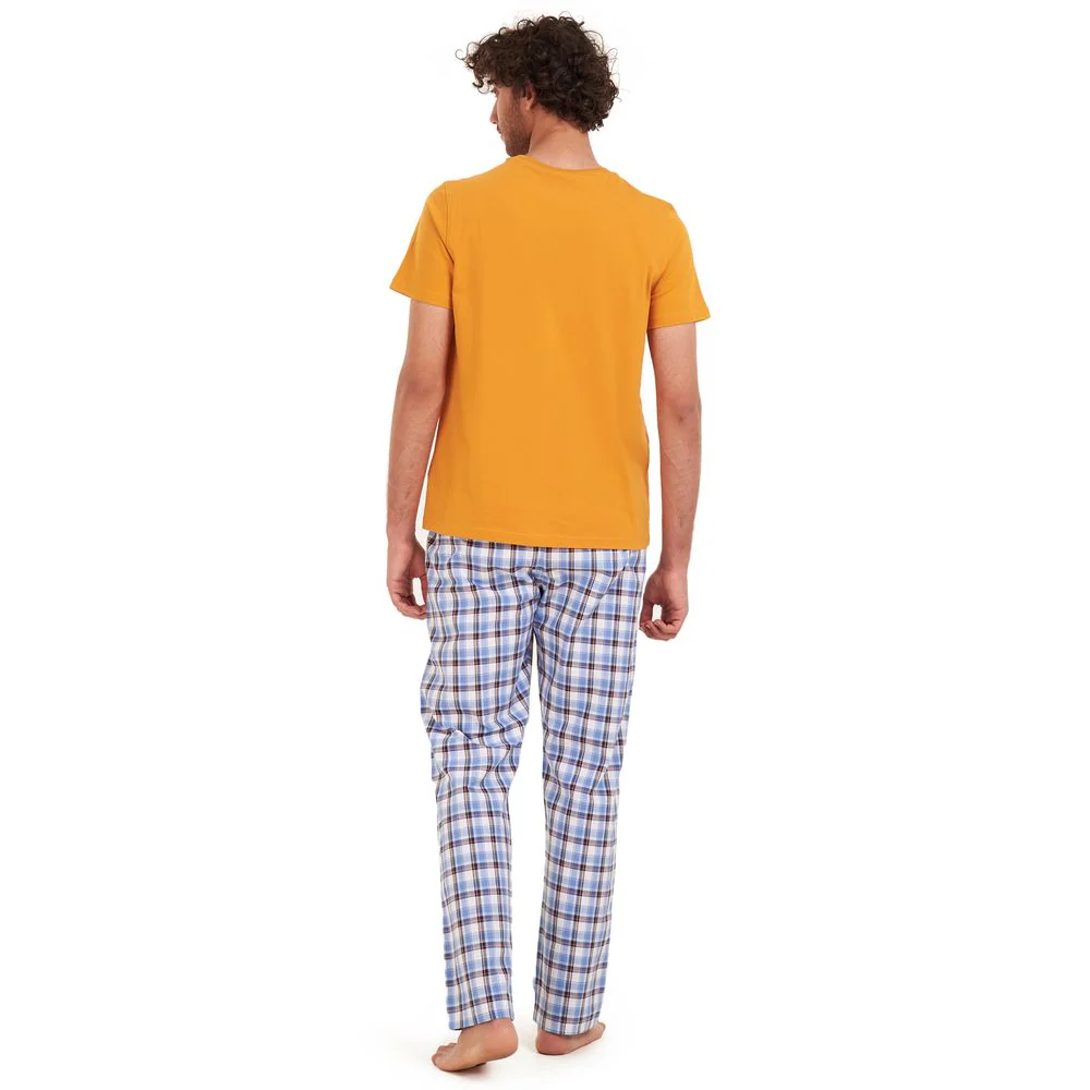 Men summer pajama set Mustard t-shirt + Dark blue x white checkered Pants - Image 4