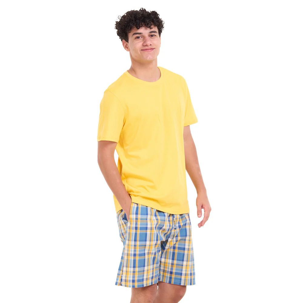 Men summer pajama set Mustard T-shirt + Light blue x Mustard Checkered shorts - Image 2