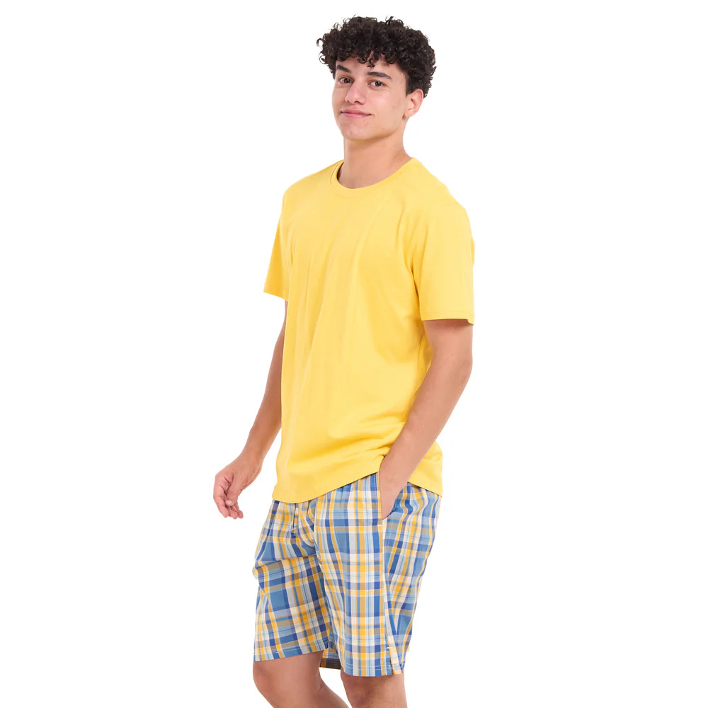 Men summer pajama set Mustard T-shirt + Light blue x Mustard Checkered shorts - Image 3