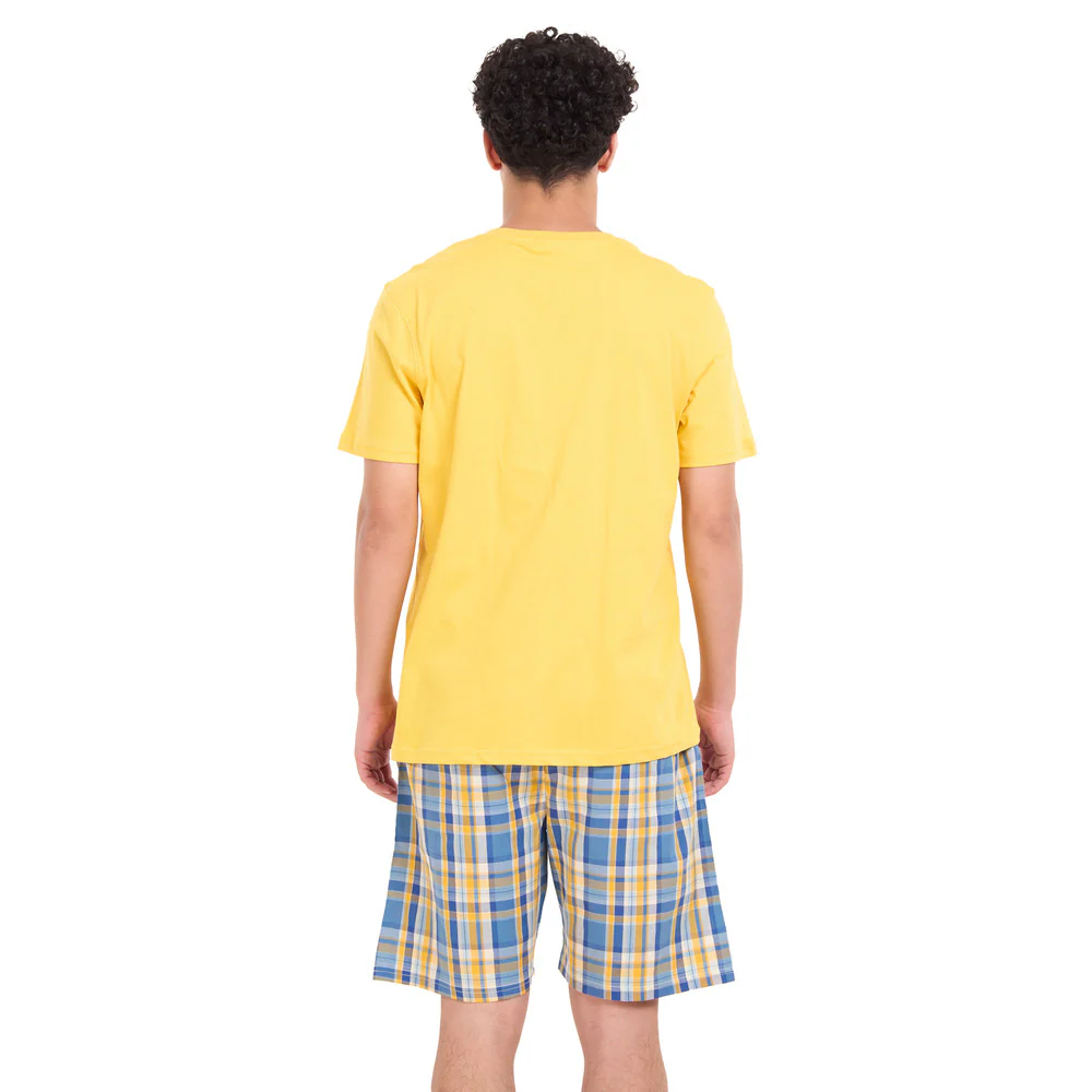 Men summer pajama set Mustard T-shirt + Light blue x Mustard Checkered shorts - Image 4