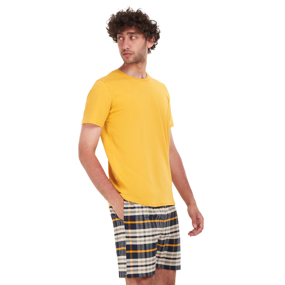 Men summer pajama set Mustard T-shirt + Navy Blue x White Checkered short - Image 2