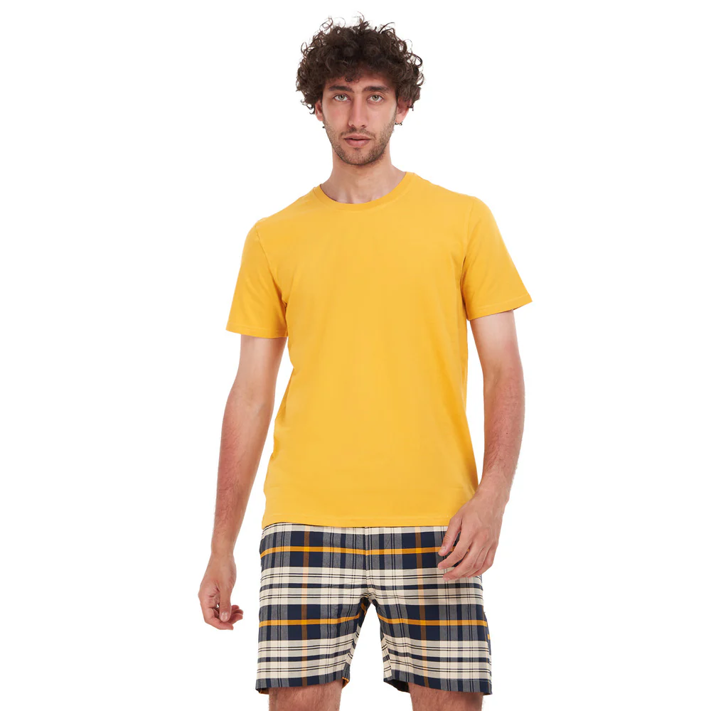 Men summer pajama set Mustard T-shirt + Navy Blue x White Checkered short - Image 3