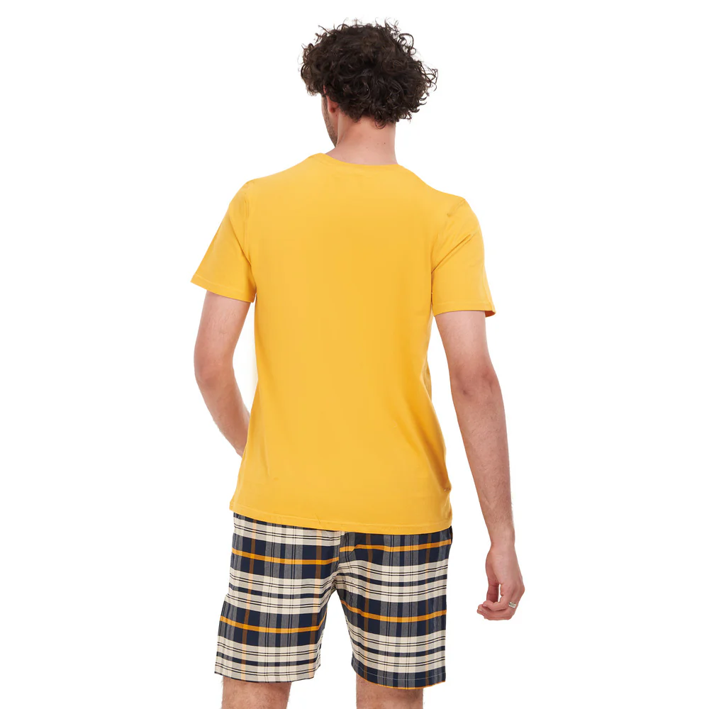 Men summer pajama set Mustard T-shirt + Navy Blue x White Checkered short - Image 4