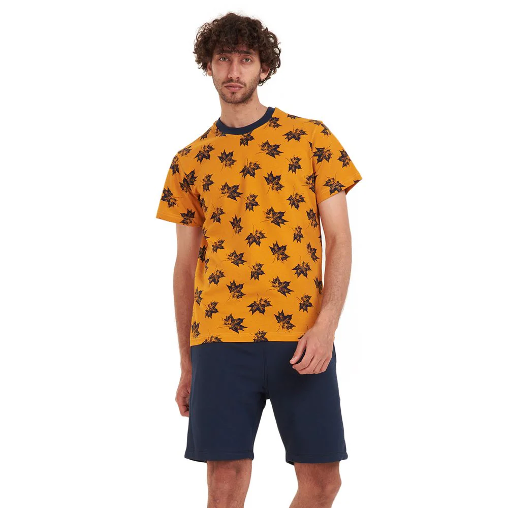 Men summer pajama set Black leaves t-shirt +Dark blue shorts