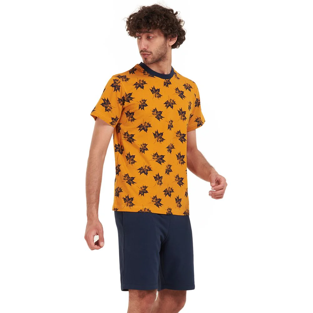 Men summer pajama set Black leaves t-shirt +Dark blue shorts - Image 2