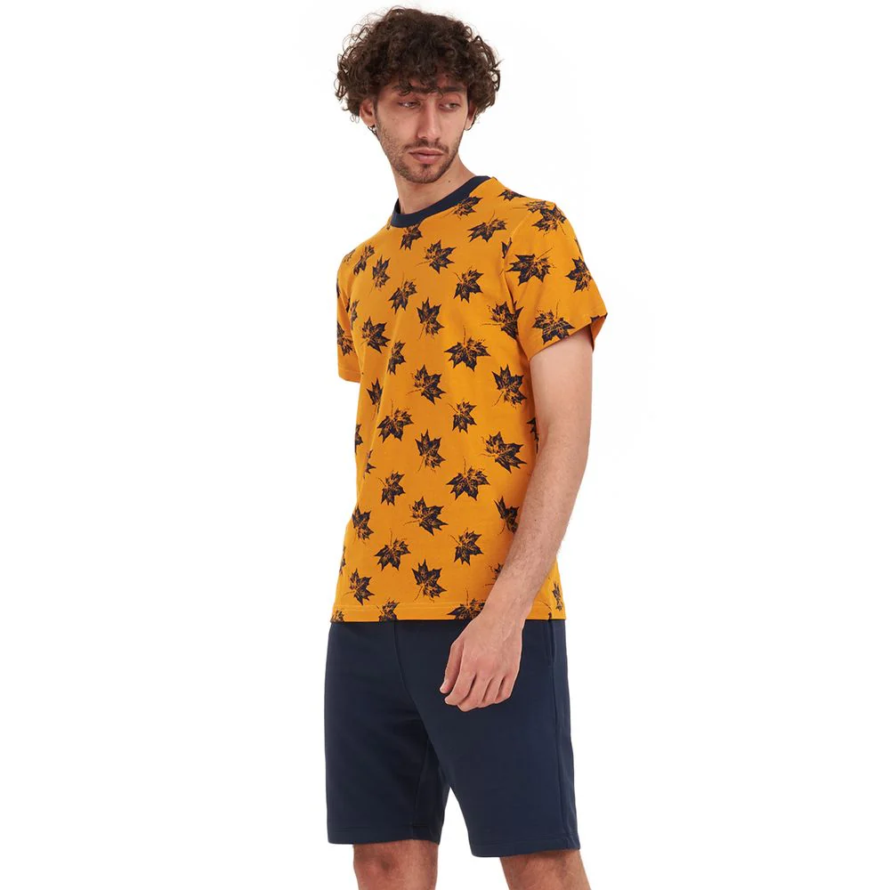 Men summer pajama set Black leaves t-shirt +Dark blue shorts - Image 3