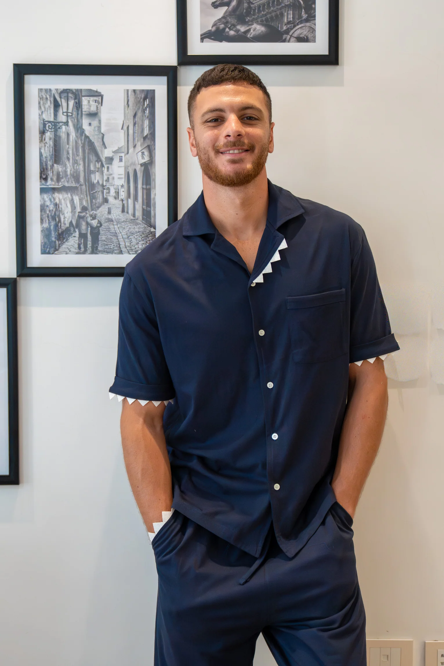 Men Summer Pajama Set Navy Shark Buttoned Tee + Pants - Image 6