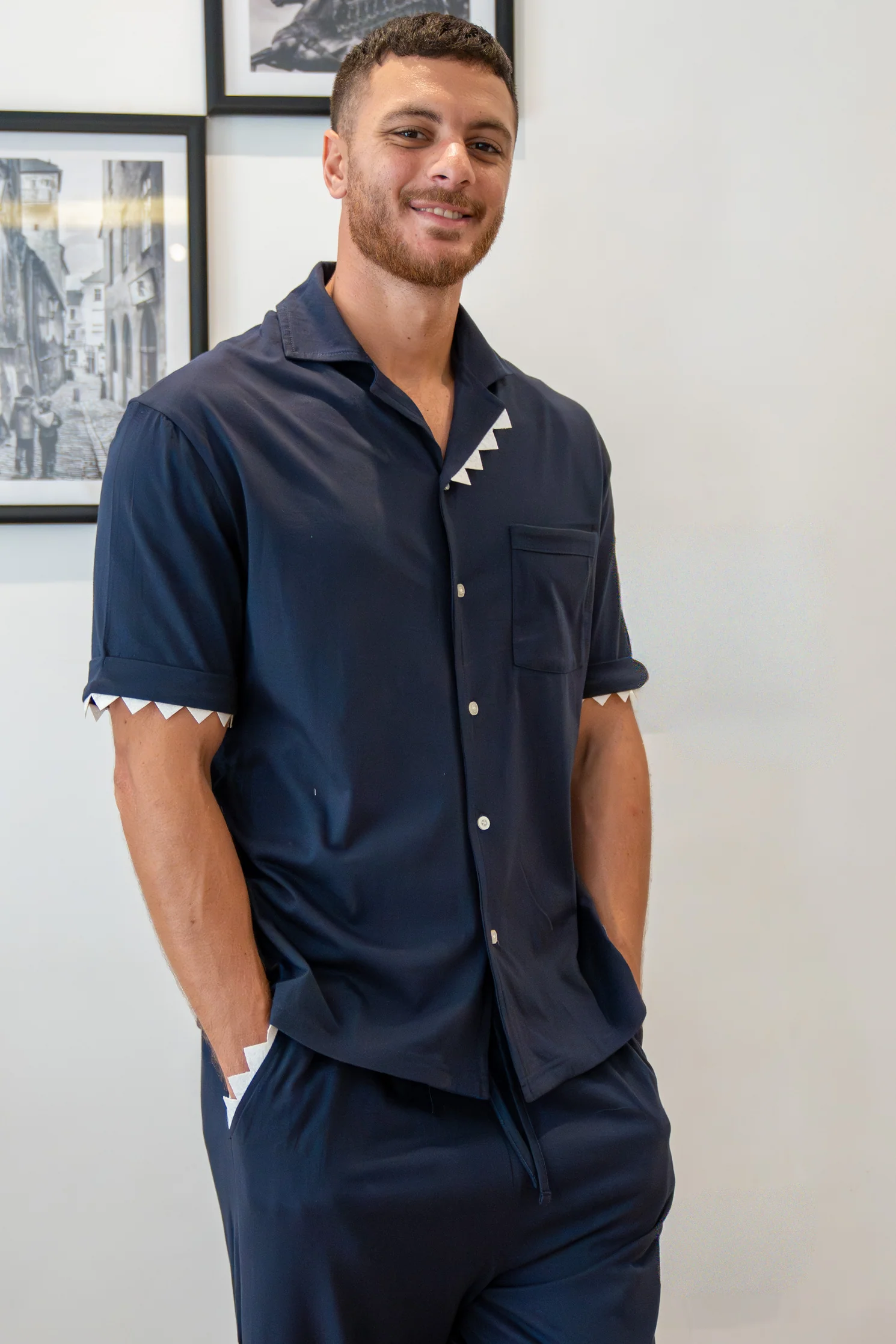 Men Summer Pajama Set Navy Shark Buttoned Tee + Pants - Image 7