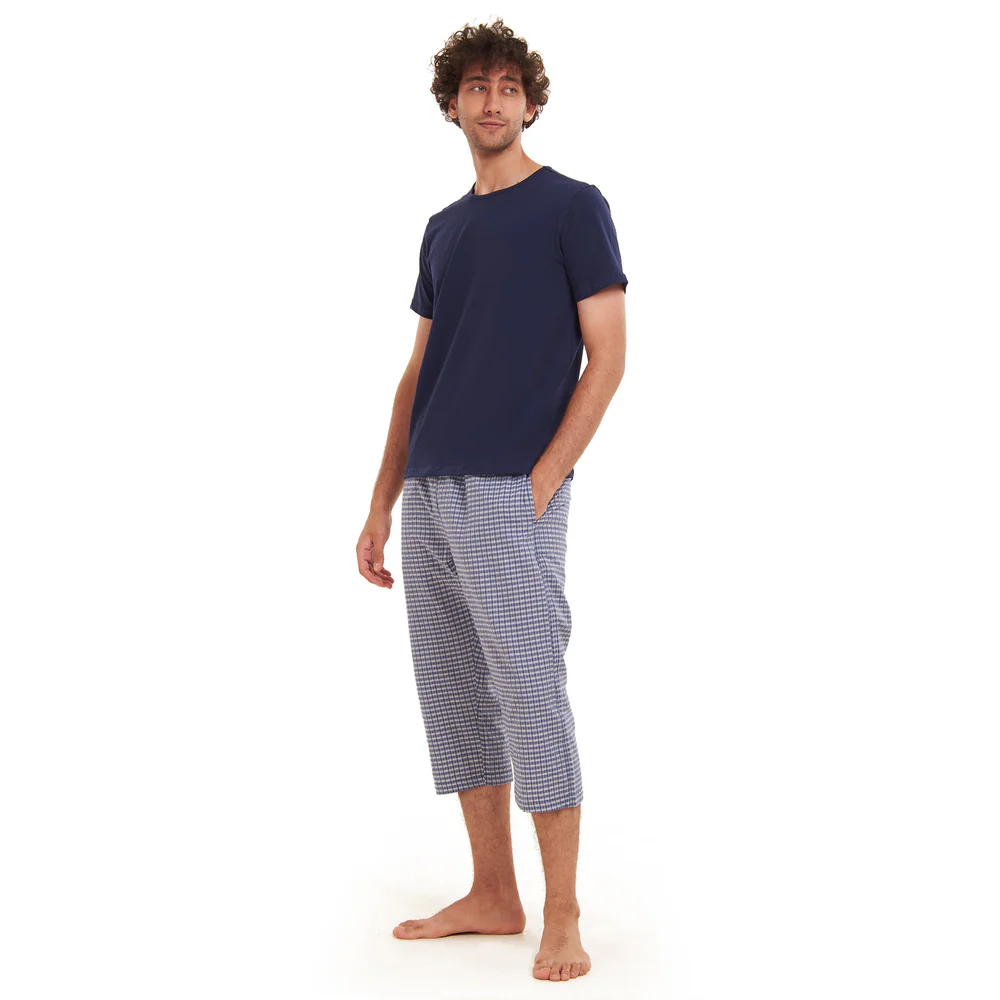 Men summer pajama set  Navy T-shirt + Blue x White Checkered Pantacor - Image 2