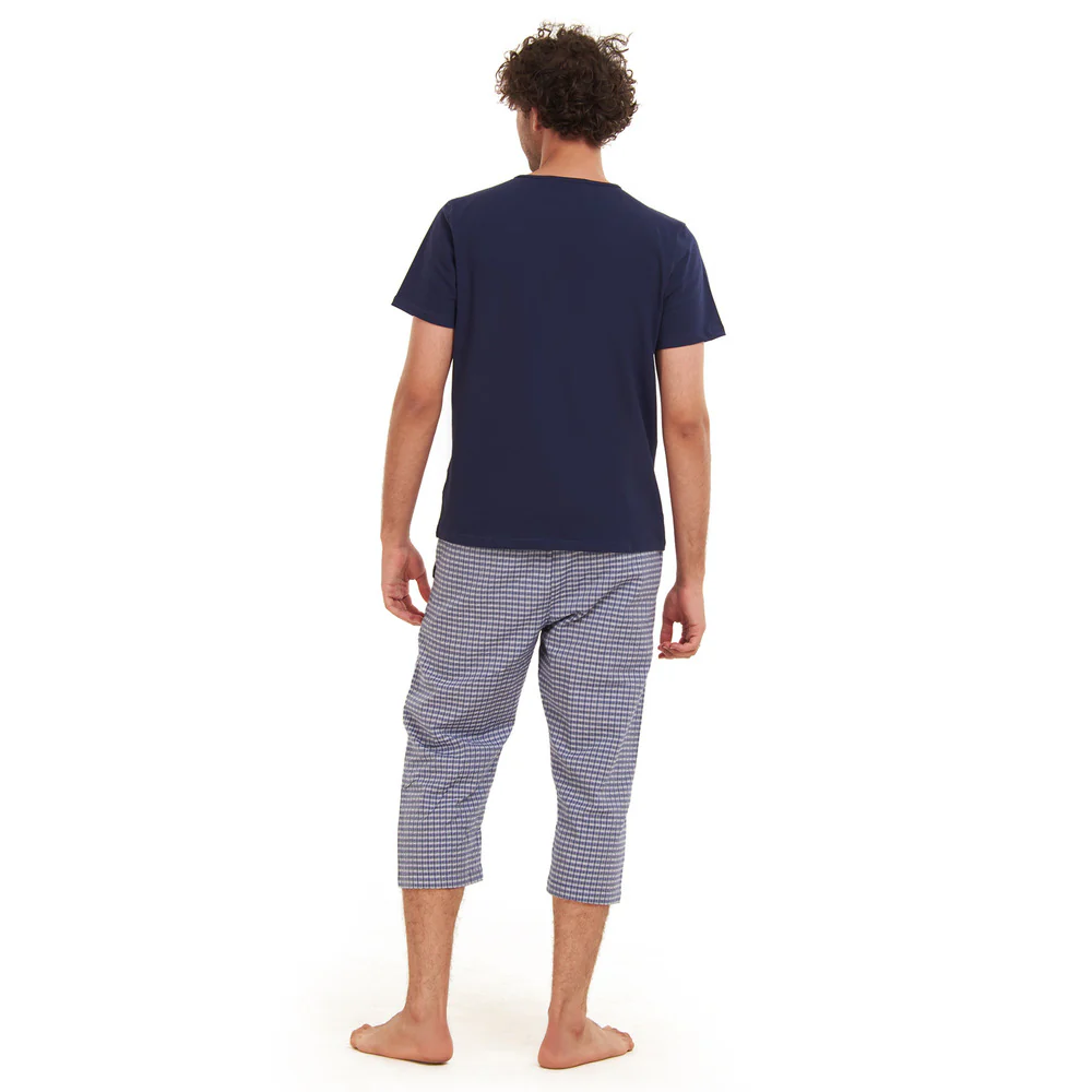 Men summer pajama set  Navy T-shirt + Blue x White Checkered Pantacor - Image 3