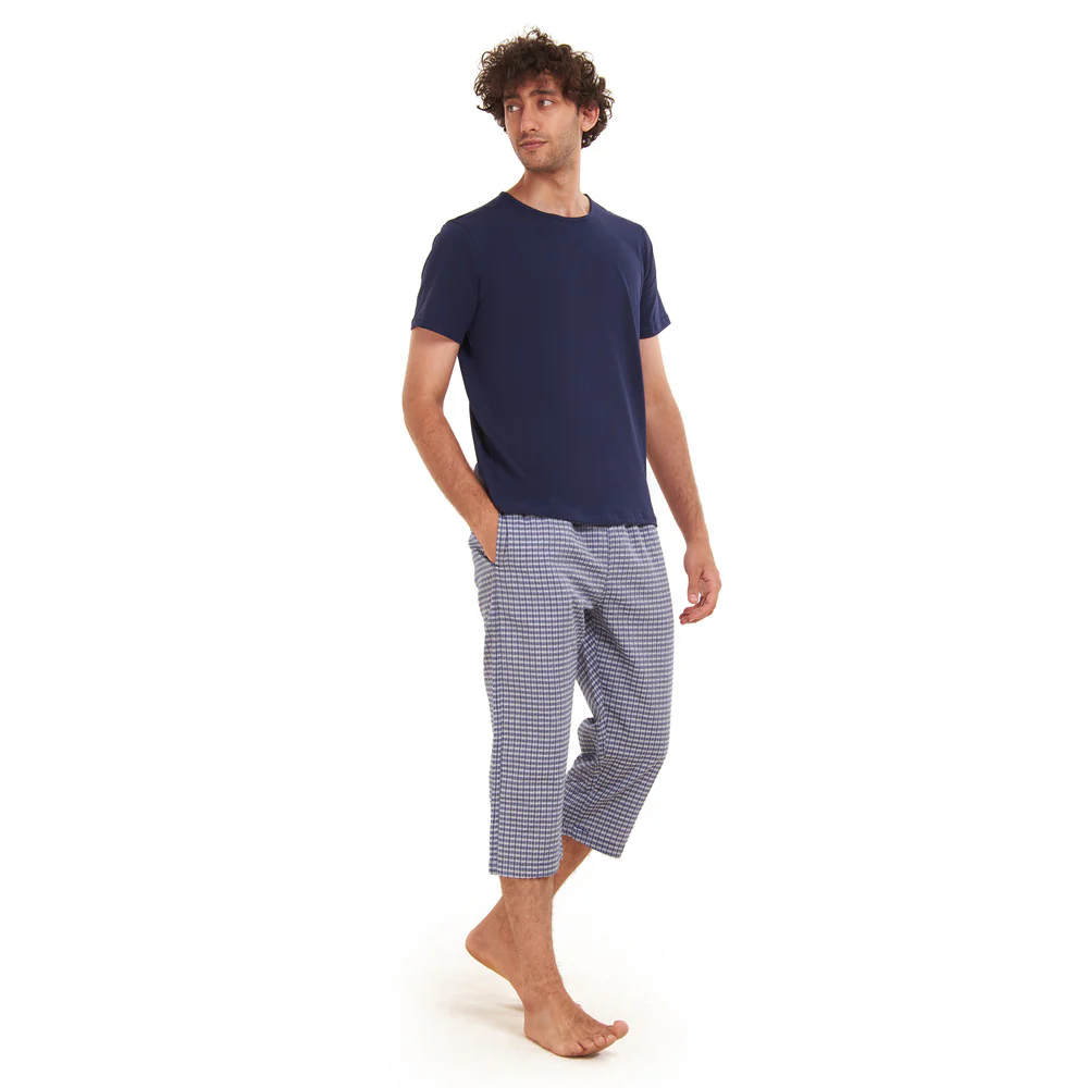 Men summer pajama set  Navy T-shirt + Blue x White Checkered Pantacor - Image 4