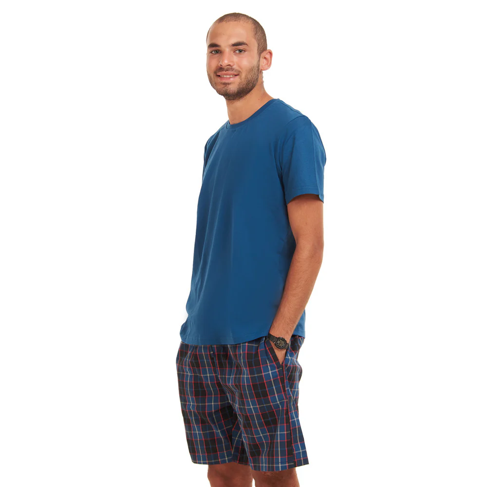 Men summer pajama set Navy T-shirt + Dark Blue x Indigo Checkered shorts - Image 2