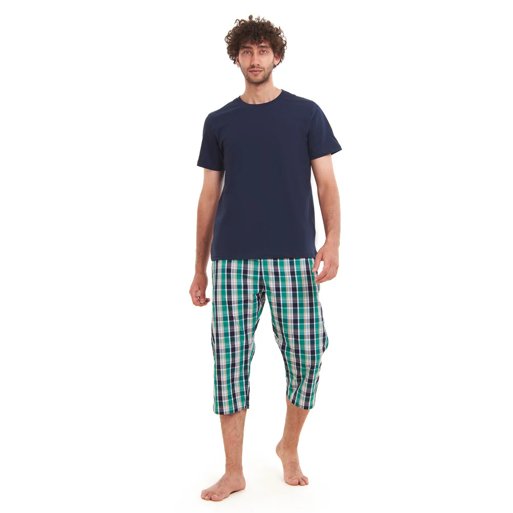 Men summer pajama set Navy T-shirt +Green X Navy checkered Pantacor