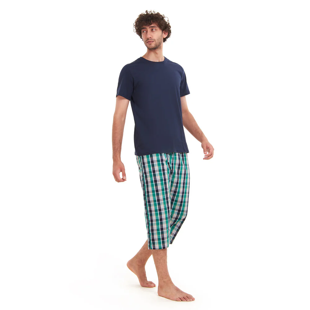 Men summer pajama set Navy T-shirt +Green X Navy checkered Pantacor - Image 2