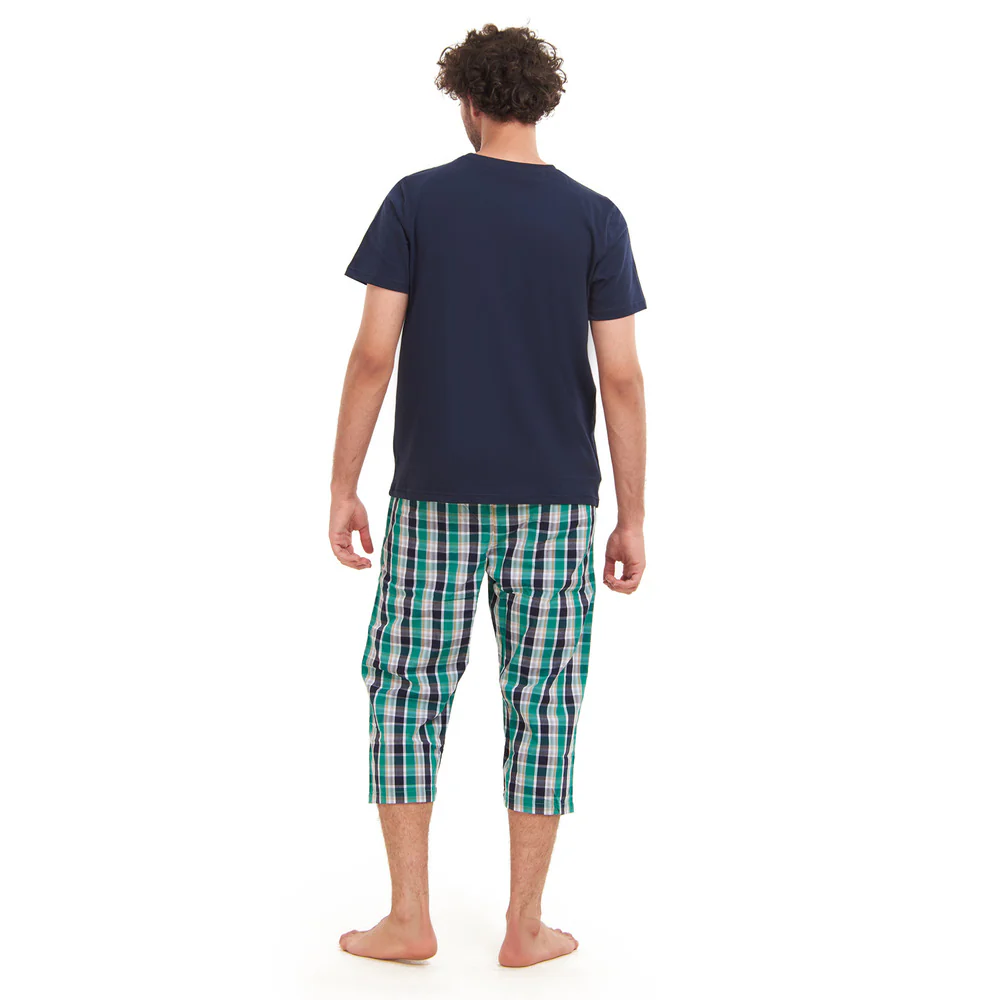 Men summer pajama set Navy T-shirt +Green X Navy checkered Pantacor - Image 3