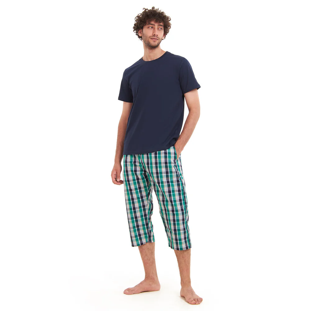 Men summer pajama set Navy T-shirt +Green X Navy checkered Pantacor - Image 4