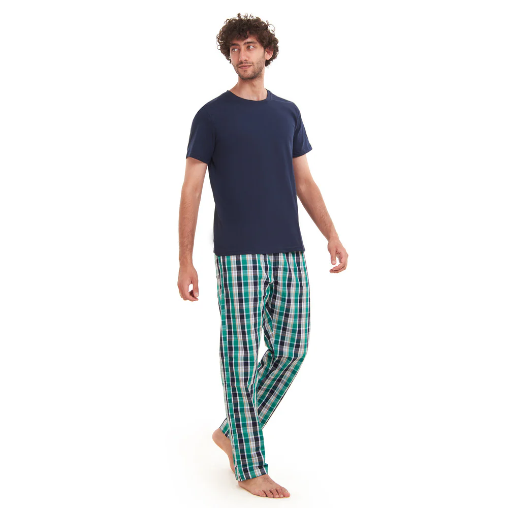 Men summer pajama set  Navy T-shirt + Green X Navy checkered Pants - Image 2