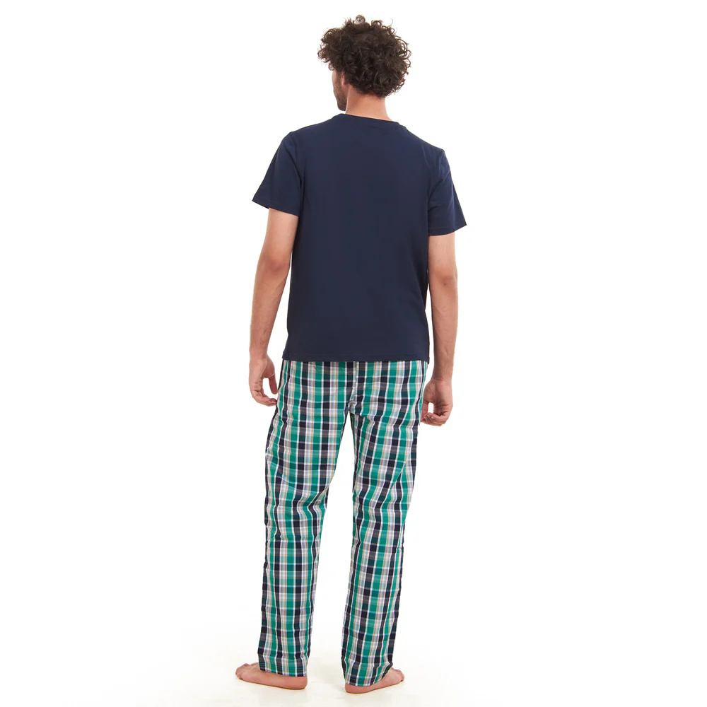 Men summer pajama set  Navy T-shirt + Green X Navy checkered Pants - Image 3