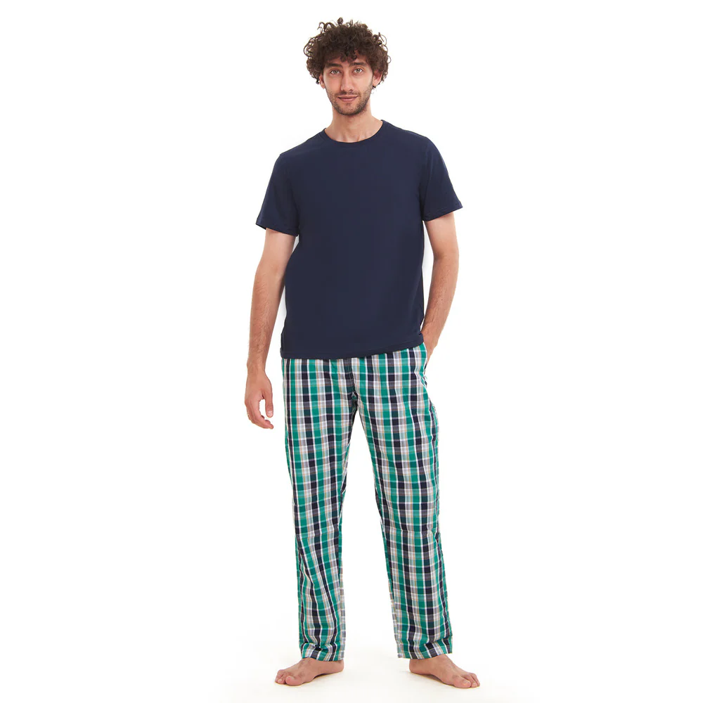 Men summer pajama set  Navy T-shirt + Green X Navy checkered Pants - Image 4
