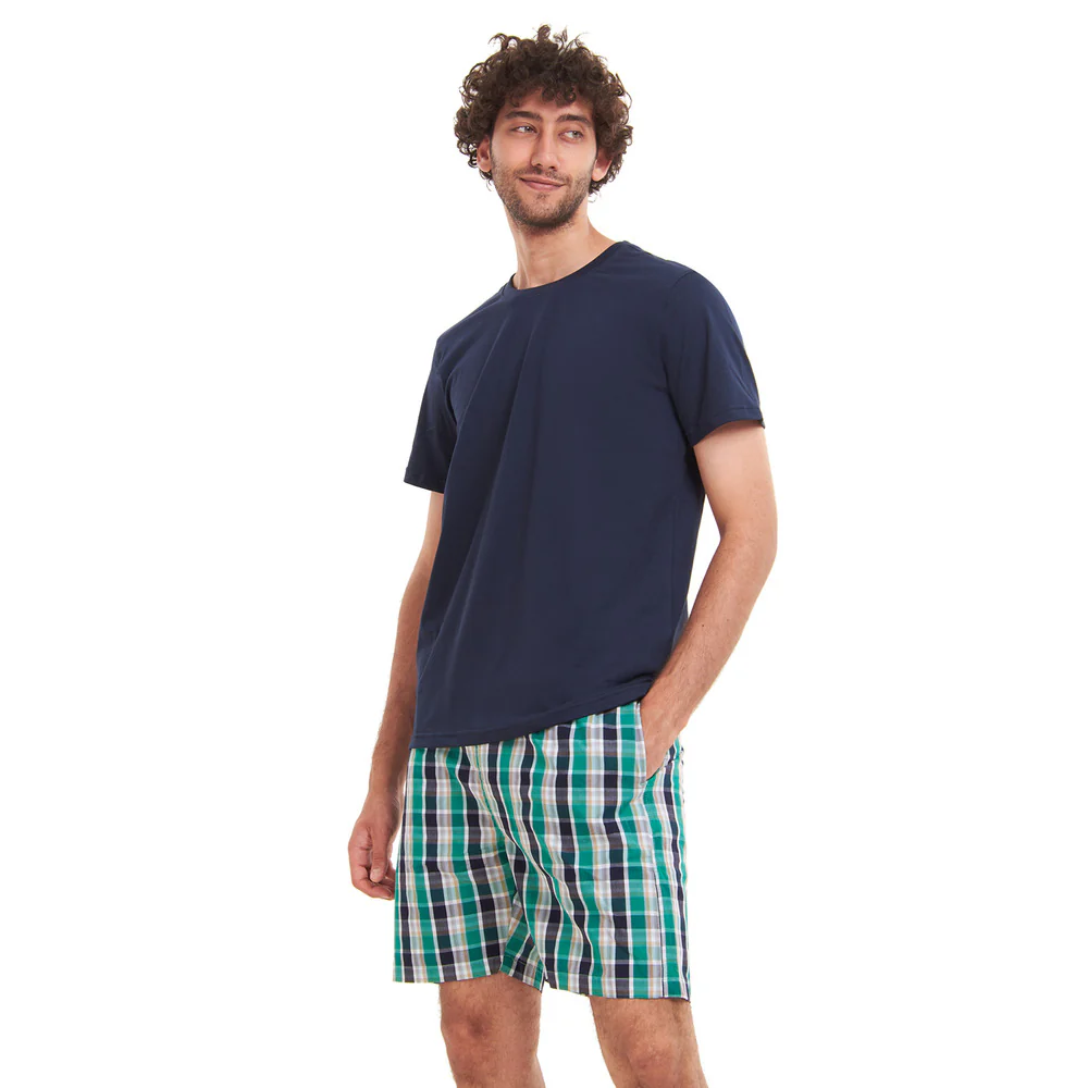 Men summer pajama set Navy T-shirt + Green X Navy Checkered shorts