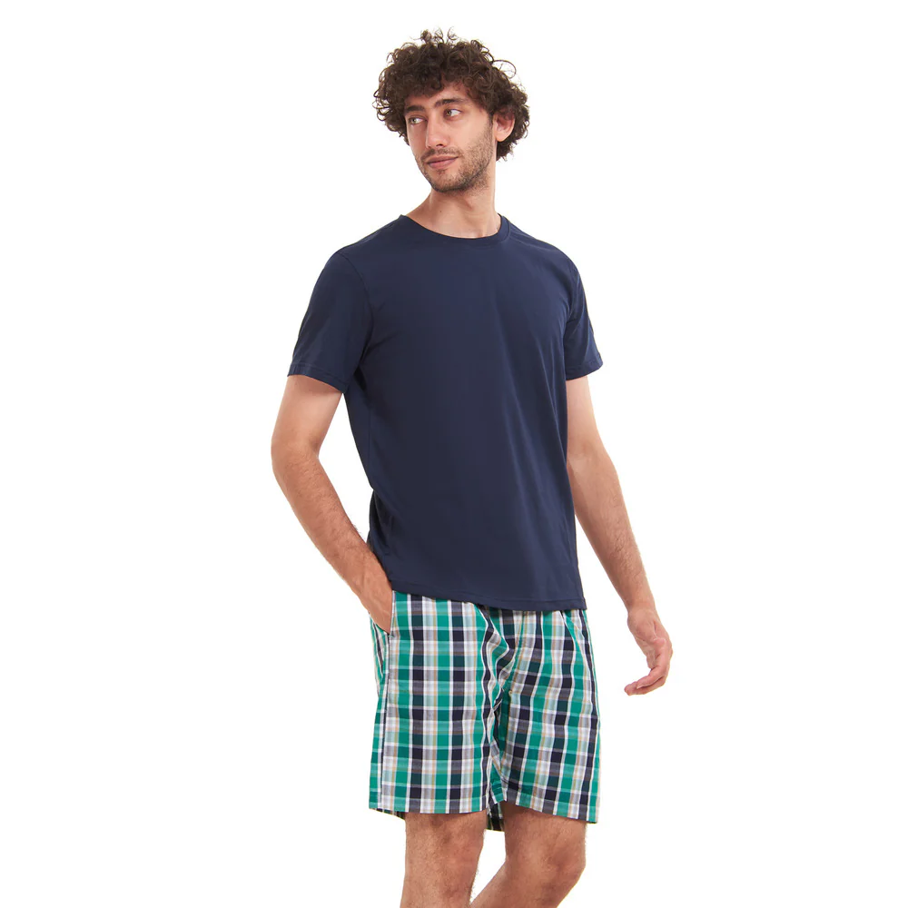 Men summer pajama set Navy T-shirt + Green X Navy Checkered shorts - Image 2