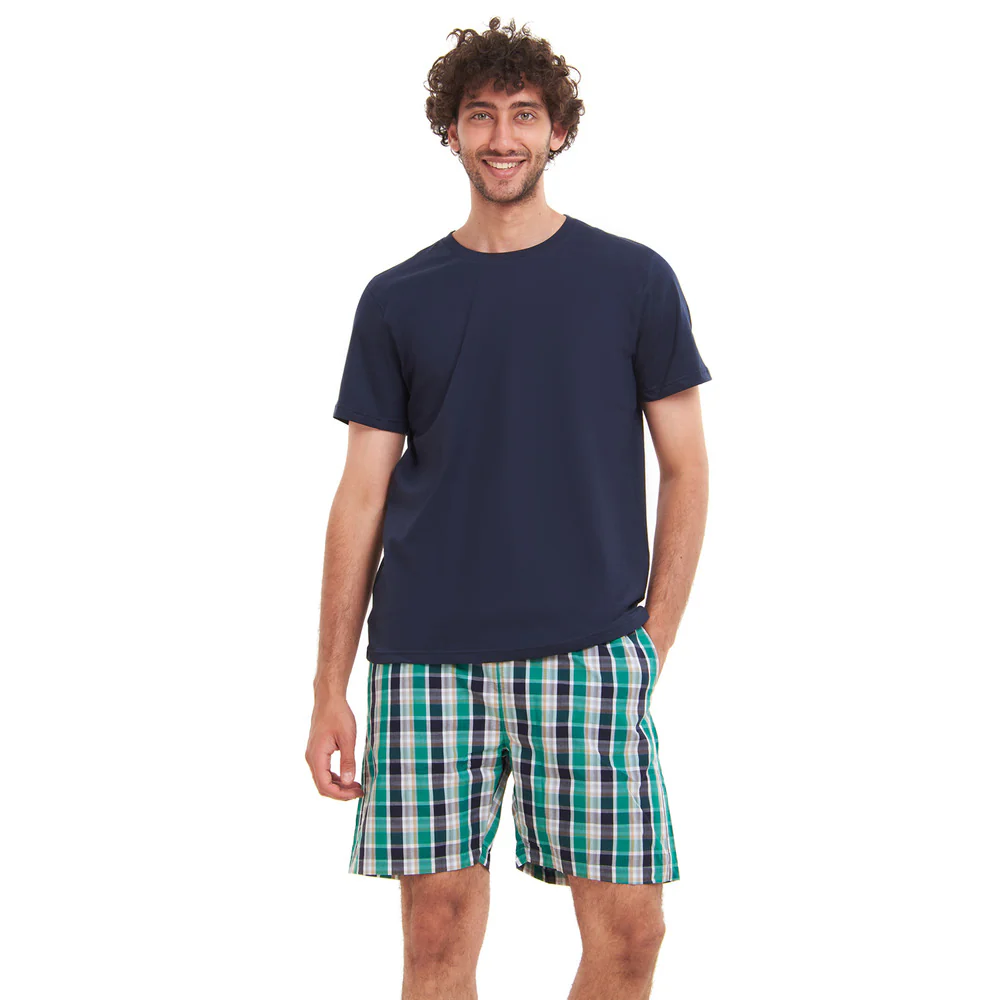 Men summer pajama set Navy T-shirt + Green X Navy Checkered shorts - Image 3