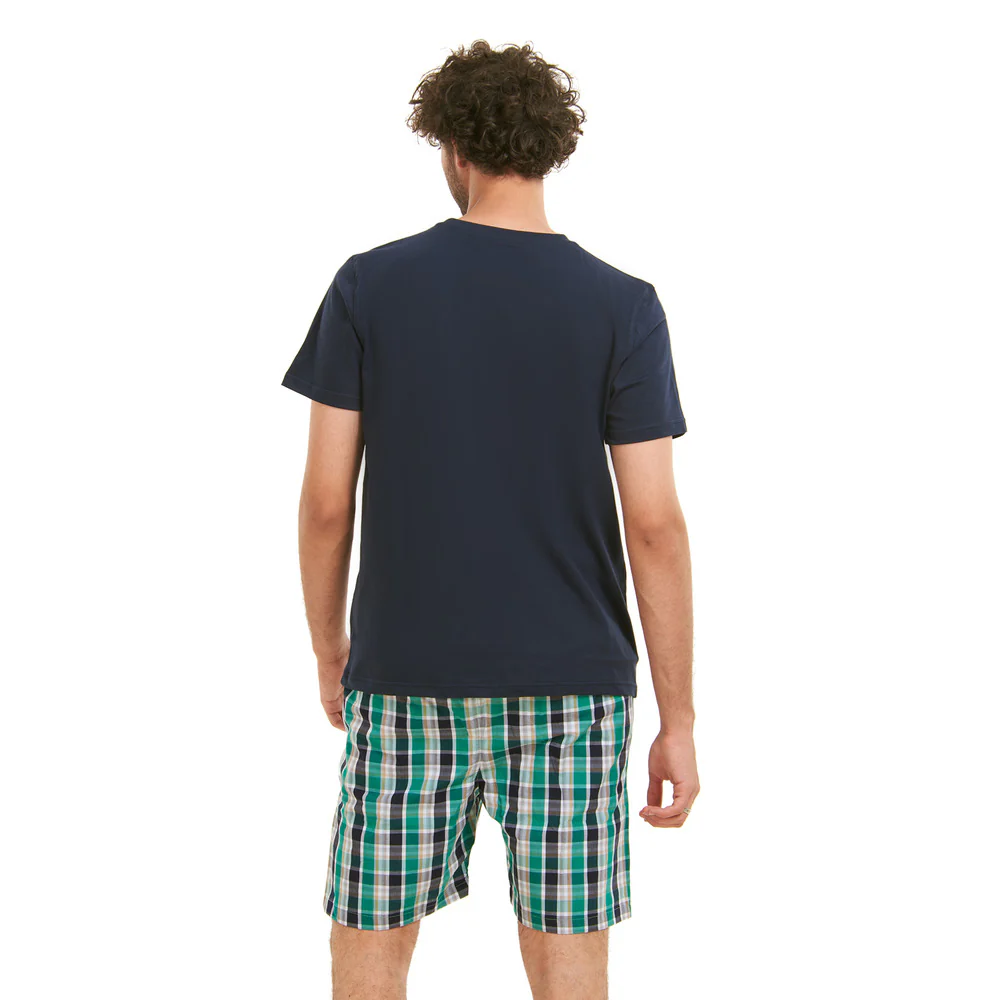 Men summer pajama set Navy T-shirt + Green X Navy Checkered shorts - Image 4