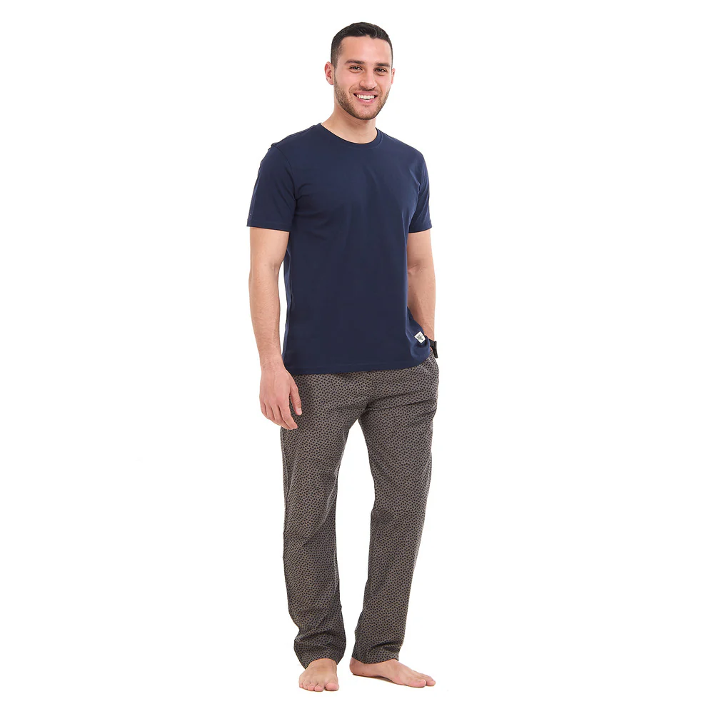 Men summer pajama set Navy T-shirt + Grey X Navy leaves Pants - Image 3