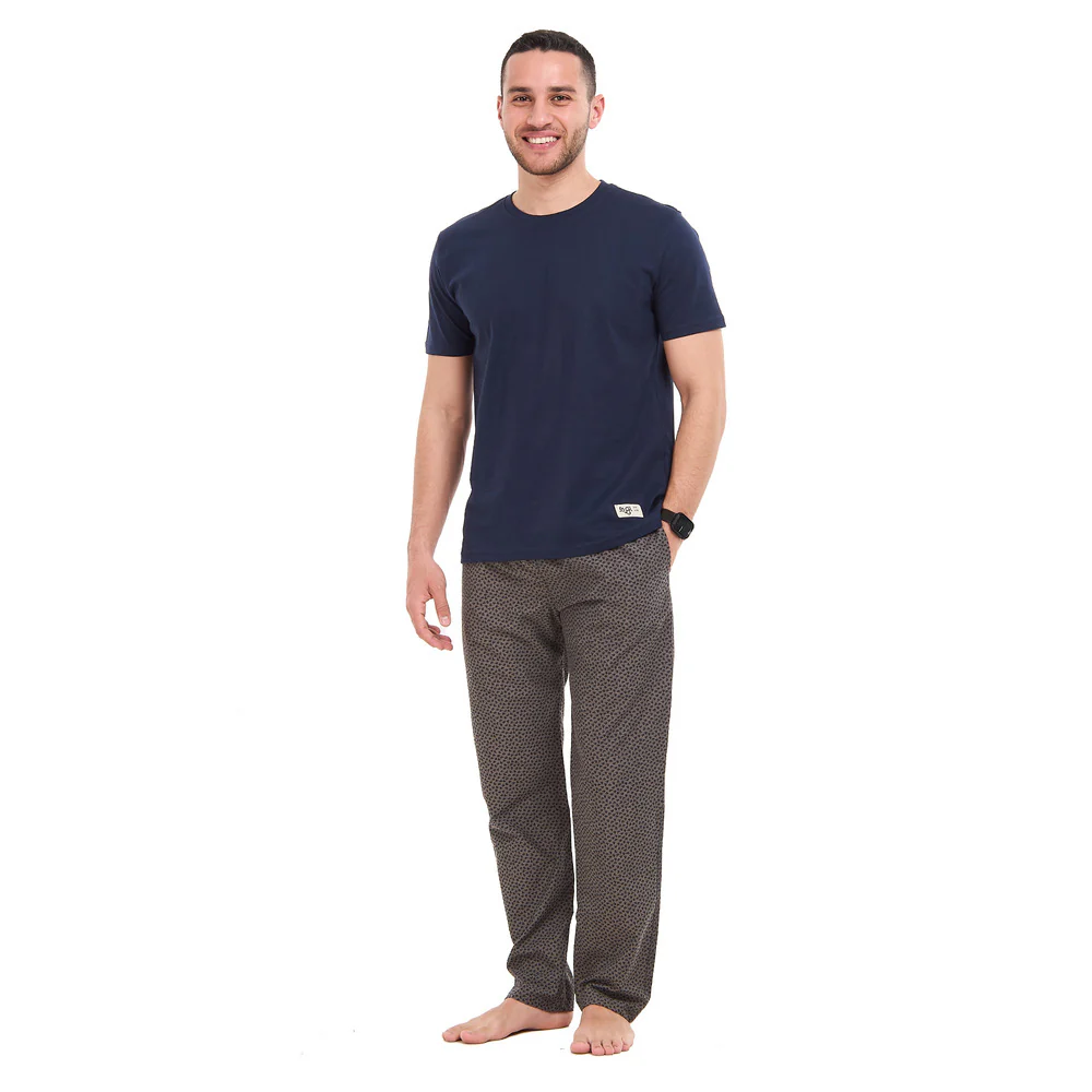 Men summer pajama set Navy T-shirt + Grey X Navy leaves Pants - Image 4