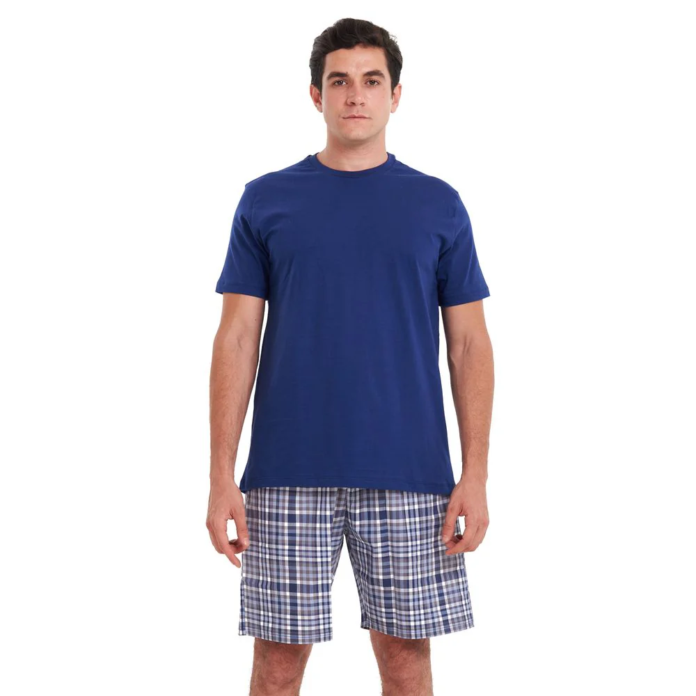 Men summer pajama set Navy T-shirt +Indigo x Grey checkered shorts - Image 2
