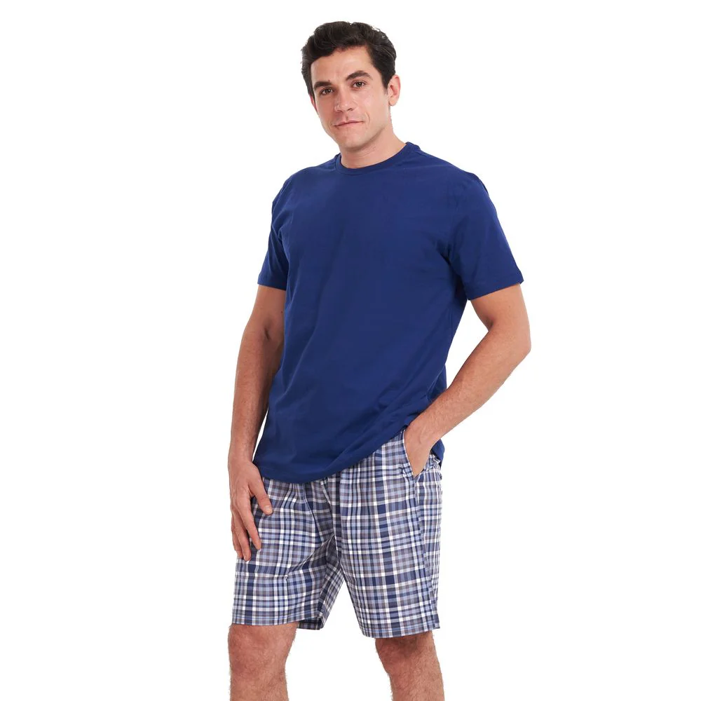 Men summer pajama set Navy T-shirt +Indigo x Grey checkered shorts - Image 3