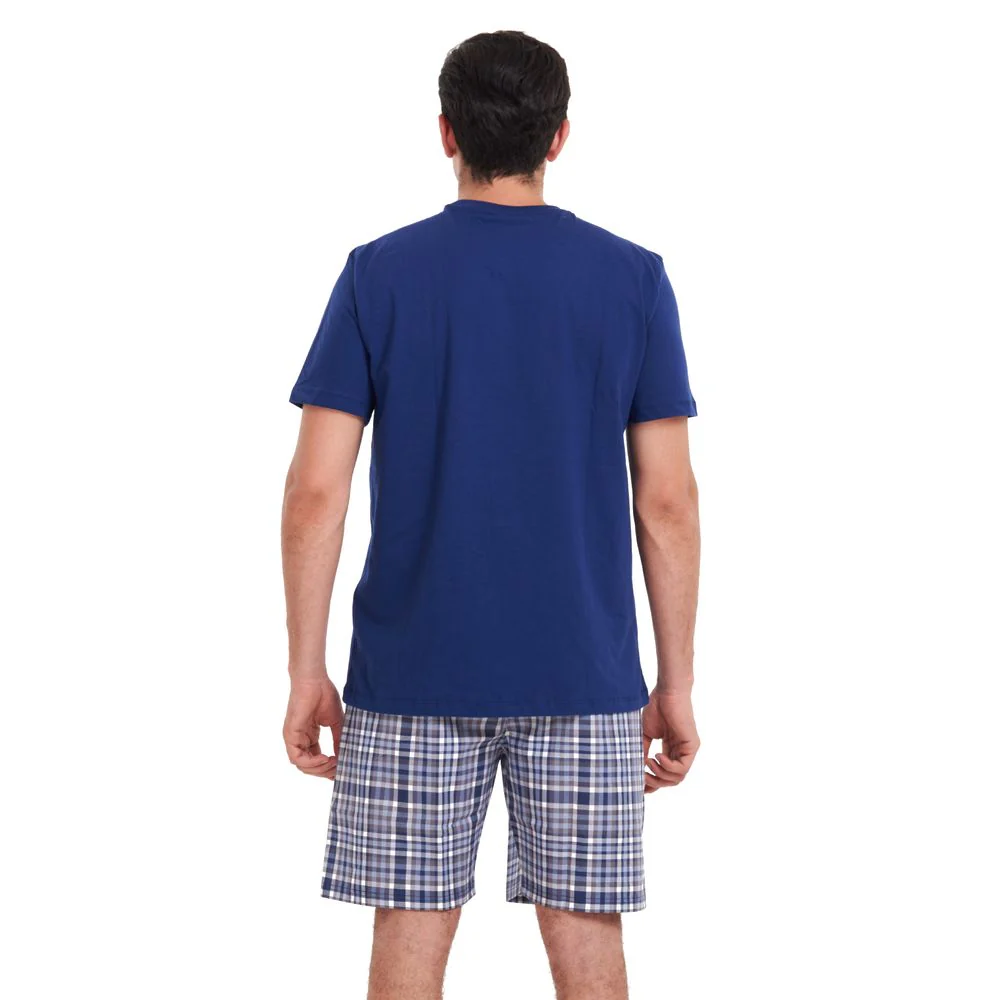 Men summer pajama set Navy T-shirt +Indigo x Grey checkered shorts - Image 4