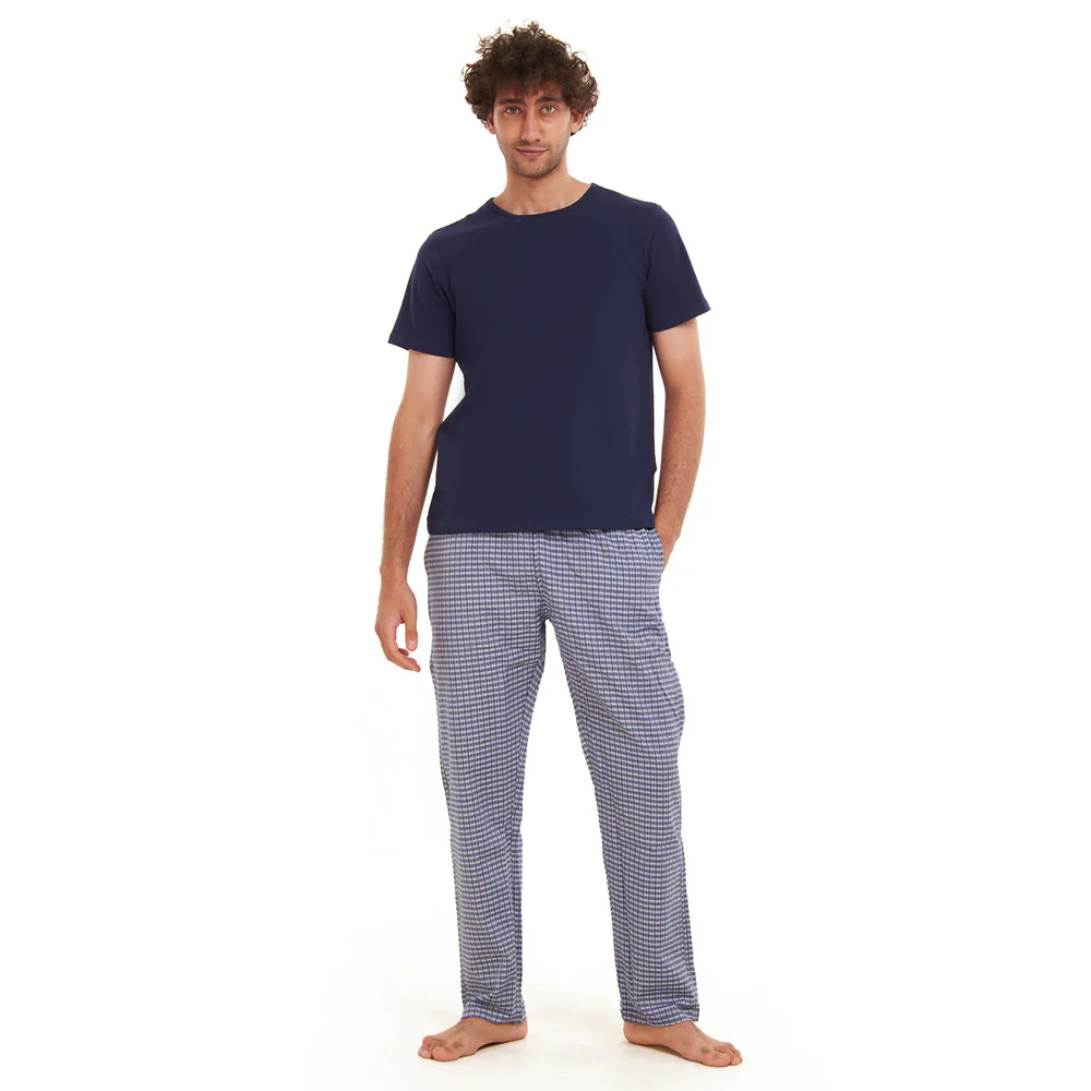 Men summer pajama set  Navy T-shirt + Navy x White Checkered Pants - Image 2