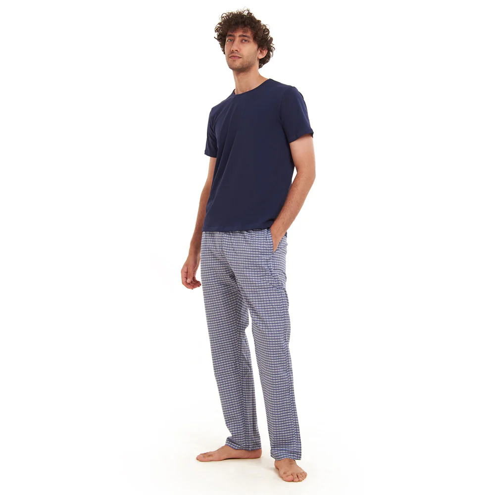 Men summer pajama set  Navy T-shirt + Navy x White Checkered Pants - Image 3