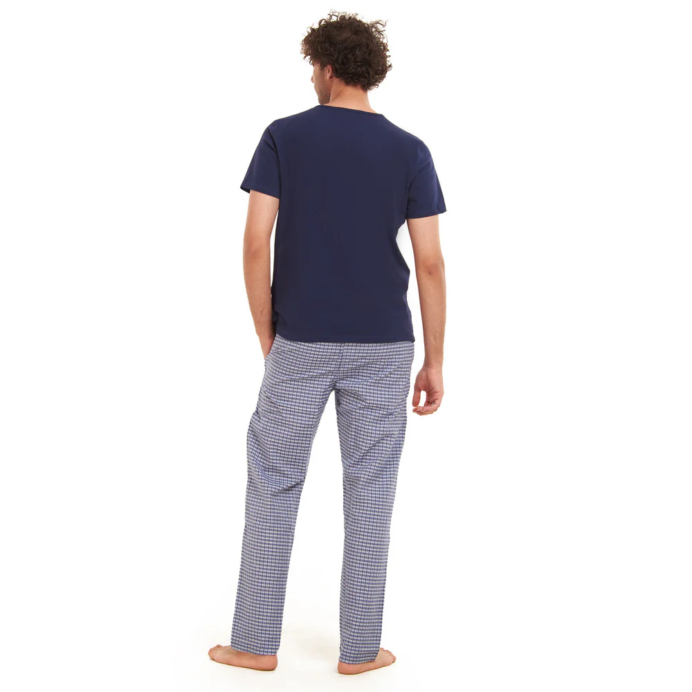 Men summer pajama set  Navy T-shirt + Navy x White Checkered Pants - Image 4