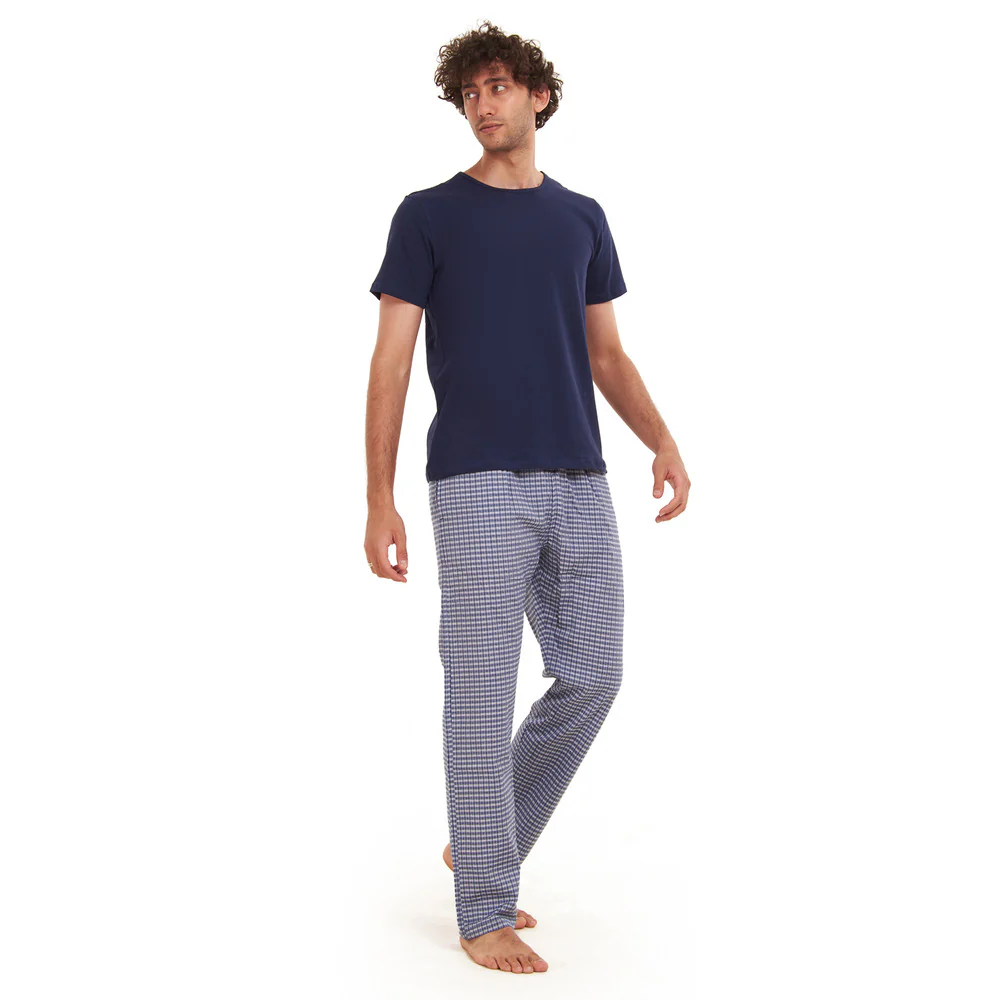 Men summer pajama set  Navy T-shirt + Navy x White Checkered Pants - Image 5