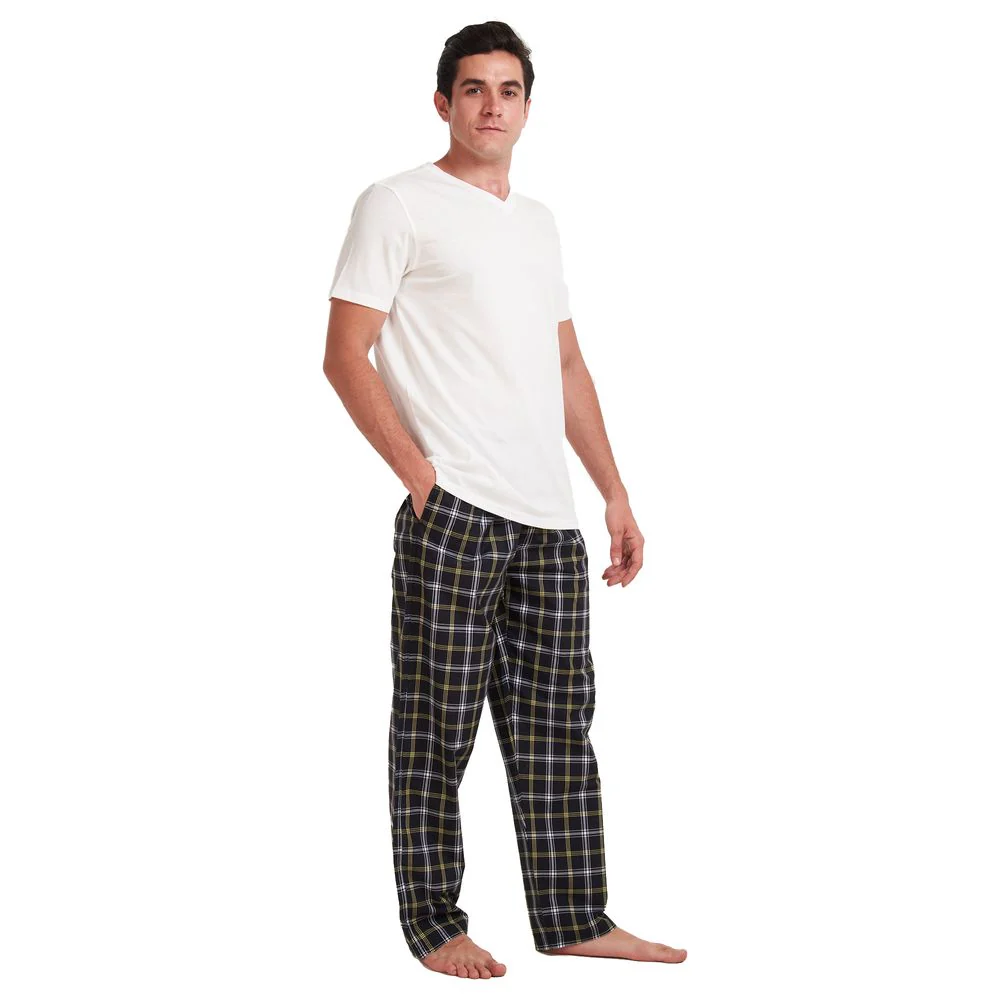 Men summer pajama set Off white T-shirt + Black x yellow checkered pants - Image 3