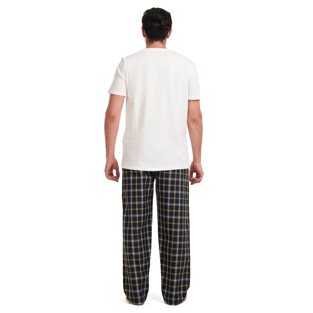 Men summer pajama set Off white T-shirt + Black x yellow checkered pants - Image 4