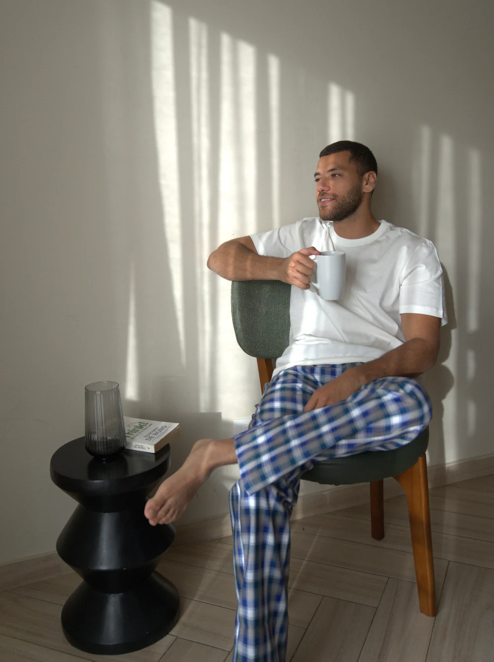 Men summer pajama set Off White T-shirt + Blue X Grey Checkered Pants - Image 2