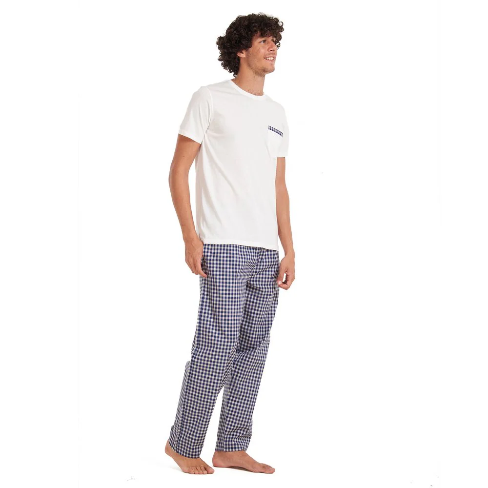 Men summer pajama set Off-white T-shirt +Dark blue checkered pants - Image 2