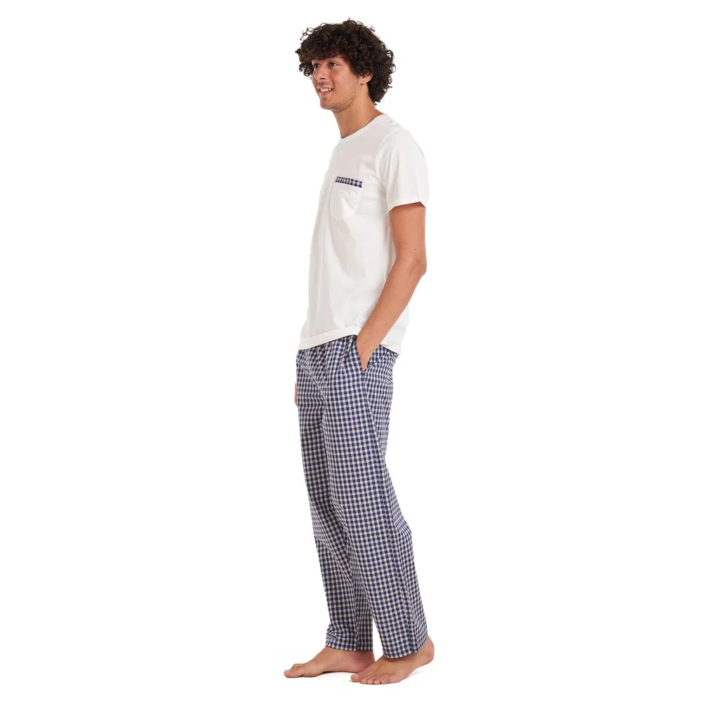 Men summer pajama set Off-white T-shirt +Dark blue checkered pants - Image 3