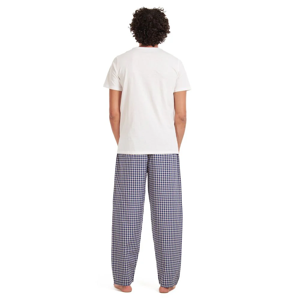 Men summer pajama set Off-white T-shirt +Dark blue checkered pants - Image 5
