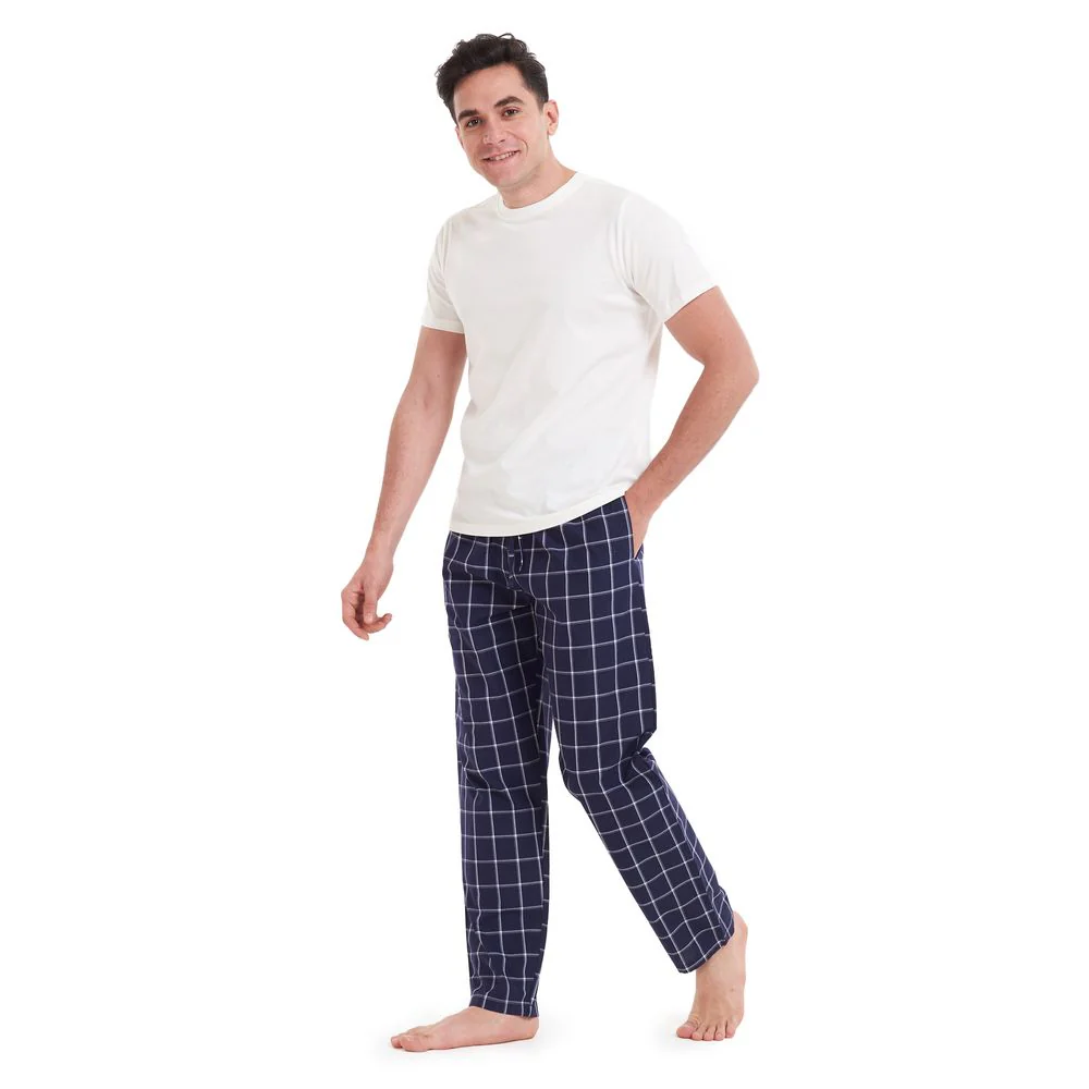 Men summer pajama set Off White T-shirt + Dark Blue x Grey Checkered pants - Image 2
