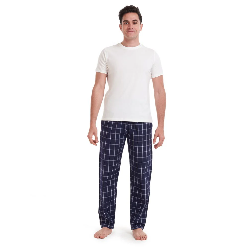 Men summer pajama set Off White T-shirt + Dark Blue x Grey Checkered pants - Image 3