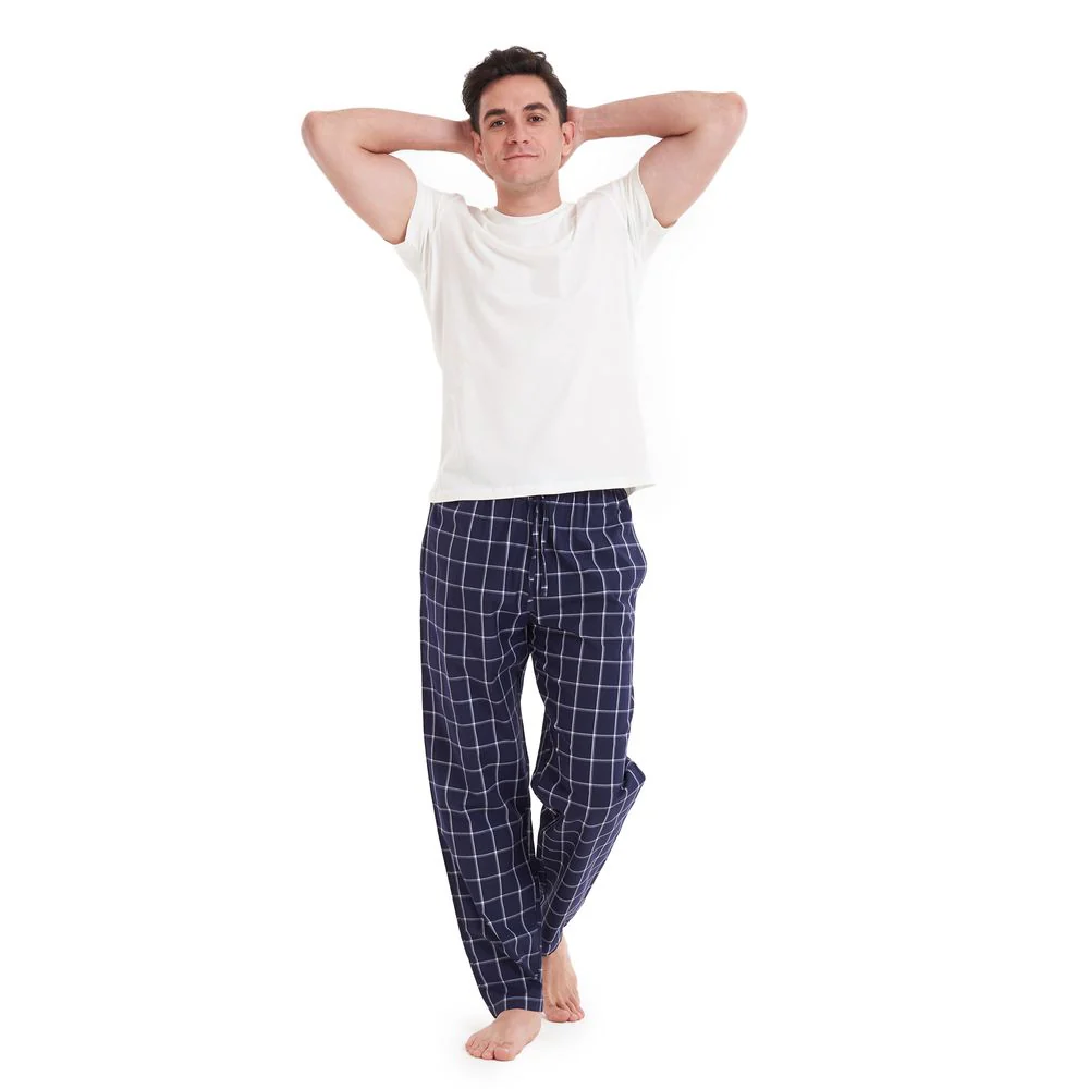 Men summer pajama set Off White T-shirt + Dark Blue x Grey Checkered pants - Image 4