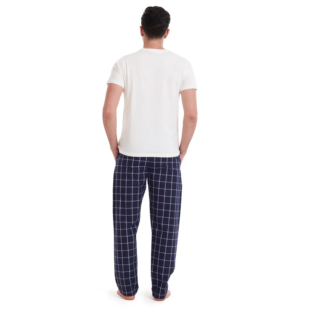 Men summer pajama set Off White T-shirt + Dark Blue x Grey Checkered pants - Image 5