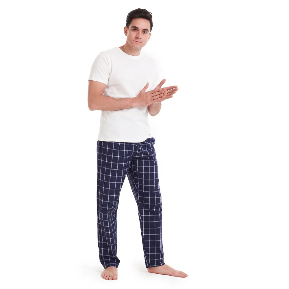 Men summer pajama set Off White T-shirt + Dark Blue x Grey Checkered pants - Image 6
