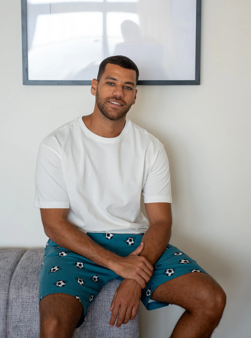 Men Summer Pajama set Off White T-shirt + Football Short - Image 3