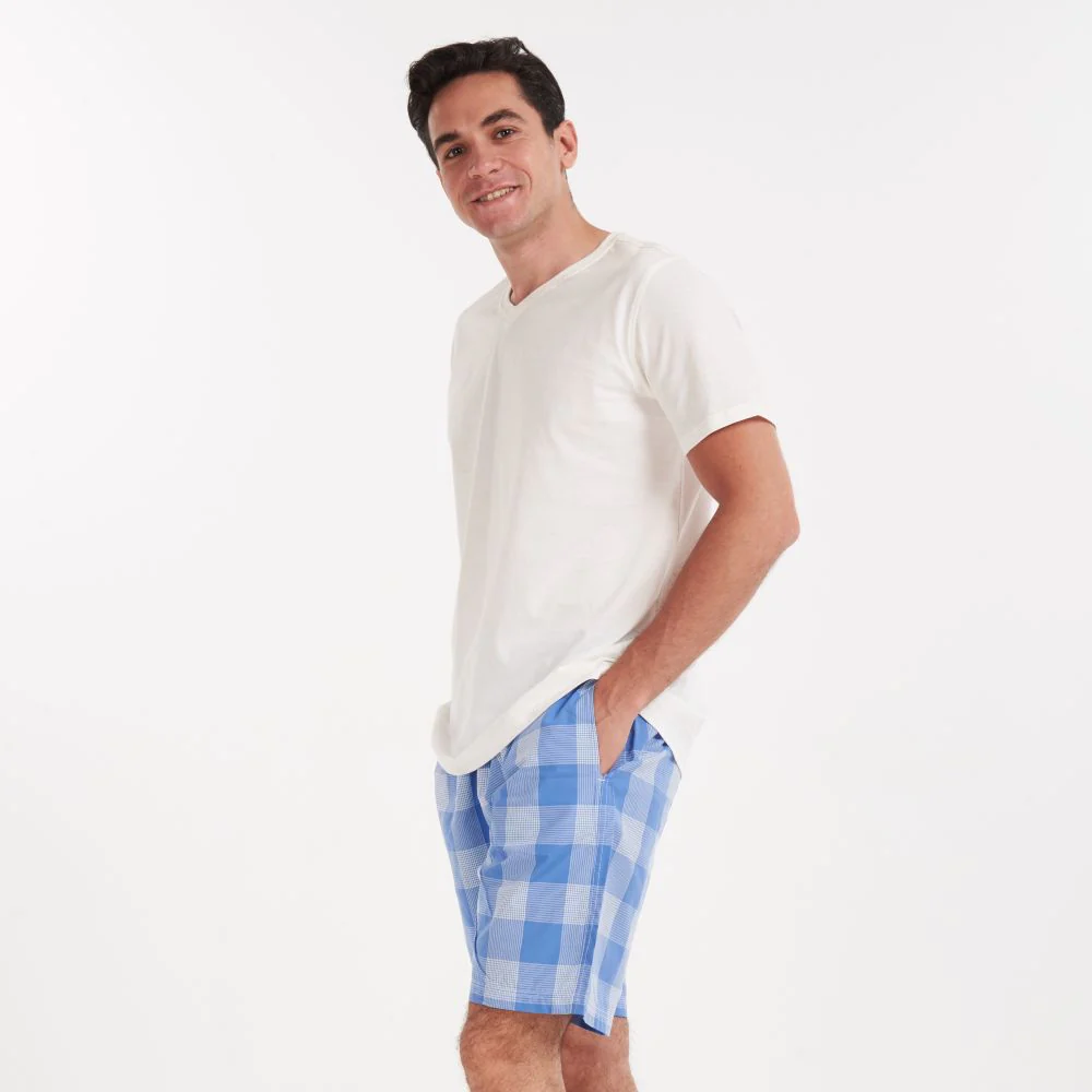 Men summer pajama set Off white v-neck t-shirt + Light blue checkered shorts - Image 2